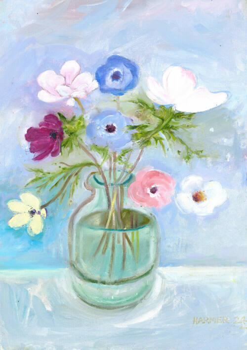 Anemones in a Glass Jar - oil painting