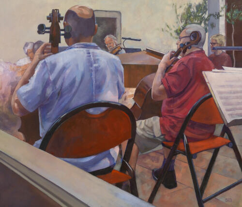 Behind the cellists - oil painting by Sarah Bryant