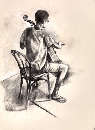 Cellist practising - charcoal drawing by Sarah Bryant
