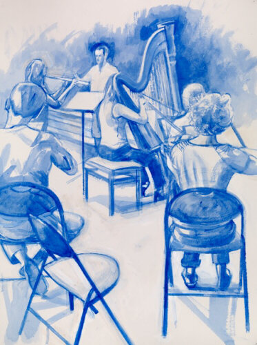 Orchestra rehearsal with harp - acrylic by Sarah Bryant