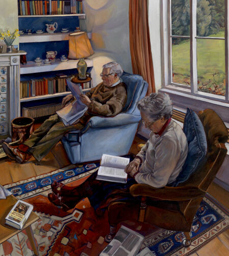 'Reading after lunch'  - oil portrait painting by Sarah Bryant