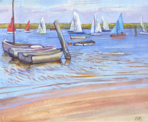 Flood tide at Brancaster Staithe - oil painting by Sarah Bryant