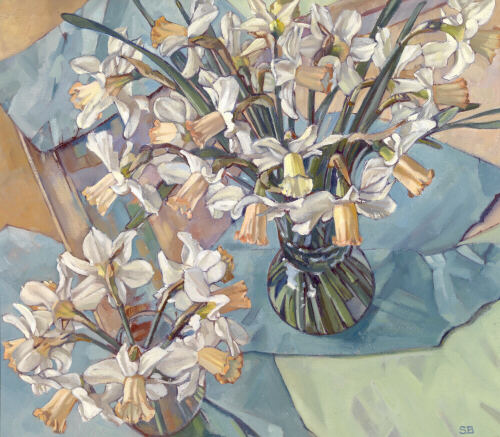 Two pots of daffodils - oil painting by Sarah Bryant