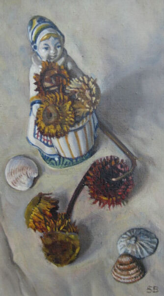 China girl with dried flowers - oil painting by Sarah Bryant