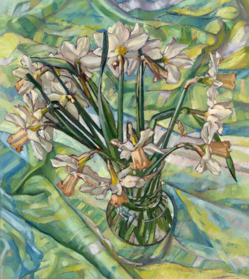 Daffodils on green material - oil painting by Sarah Bryant