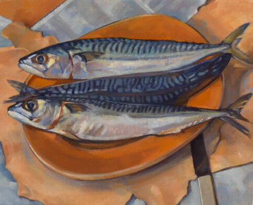 Mackerel on an orange dish - oil painting by Sarah Bryant