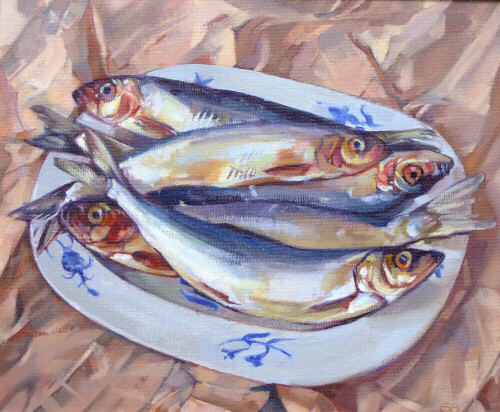 Herring on a dish - oil painting by Sarah Bryant