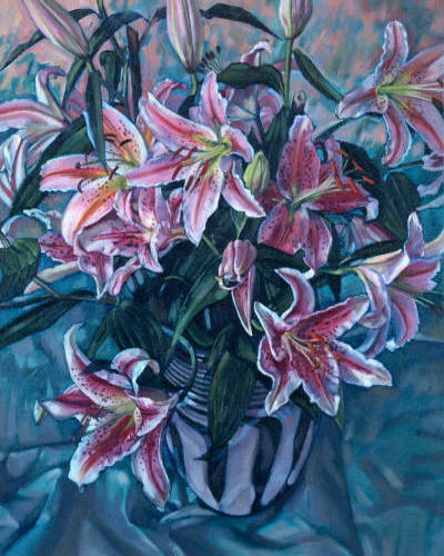 Lilies in a stripey vase - oil painting by Sarah Bryant